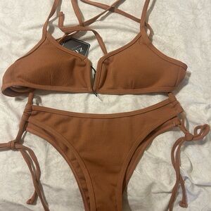 Zaful Brown Ribbed Tie-Back Bikini Set